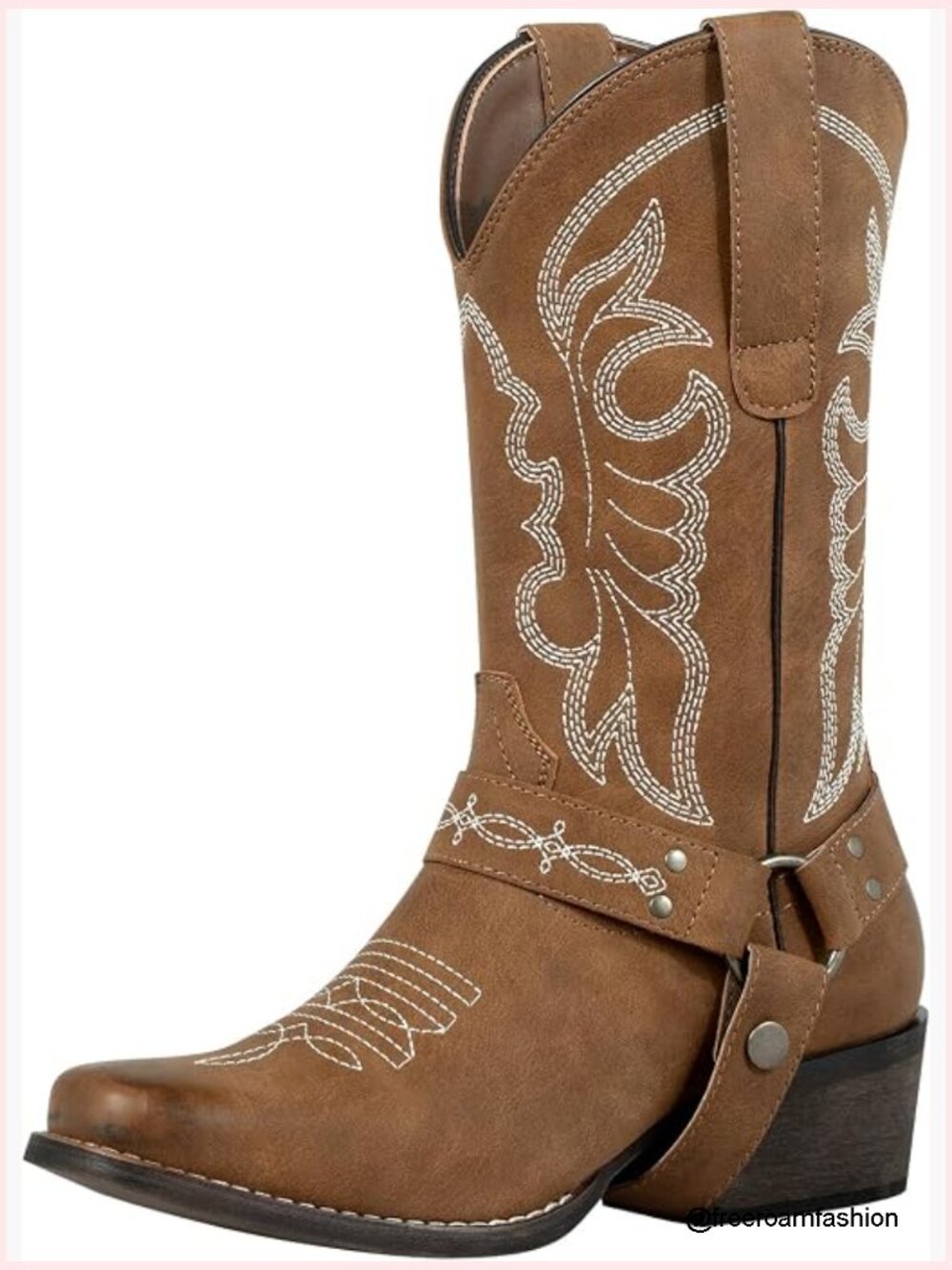 Square Toe Cowgirl Boots Mid Calf Western Riding Boots with Buckle Strap - Picture 1 of 7